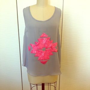 Silky Draped Tank Top w/Hot Pink Sequined Design